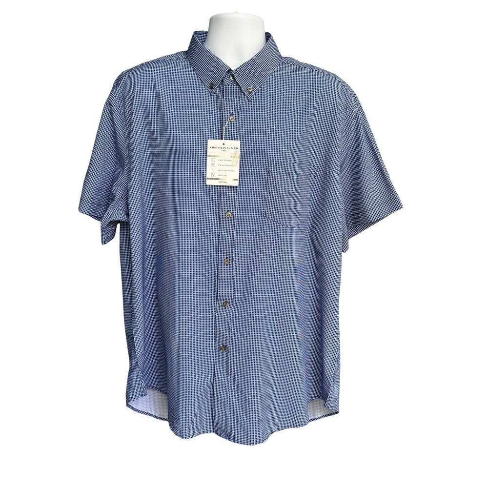 NWT Christian Aujard Mens 2XL Blue Micro Check Short Sleeve Stretch Shirt‎